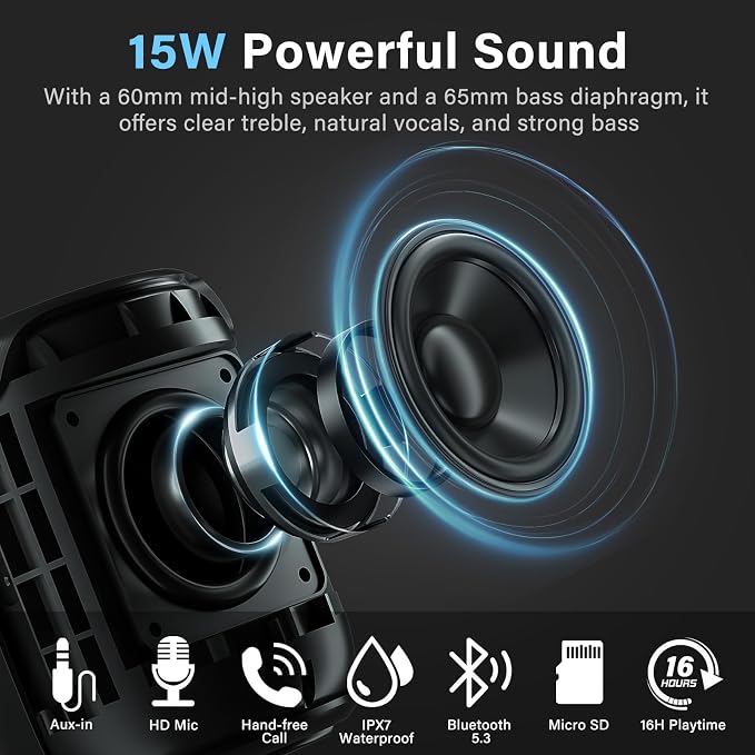 OHAYO Portable Bluetooth Speaker, IPX7 Waterproof Speakers, 15W Loud Stereo - Image 2