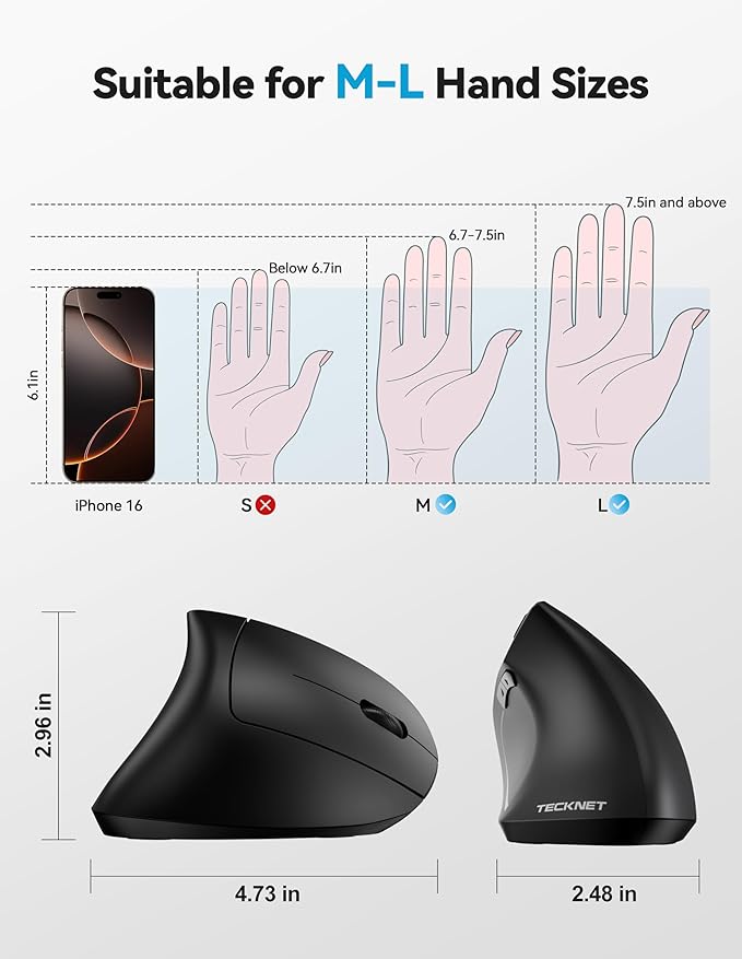 TECKNET Ergonomic Mouse with Jiggler, 4800DPI Rechargeable Carpal Tunnel Mouse - Image 6