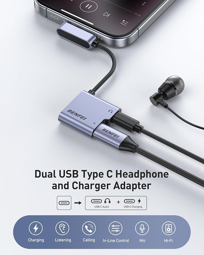 BENFEI USB C Splitter 1 in 2 Out Dual USB C Audio Jack Adapter - Image 2