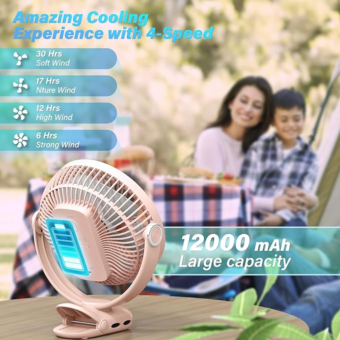 12000mAh Clip on Fan 30H Longest Runtime, 8in Portable Fan Rechargeable - Image 3