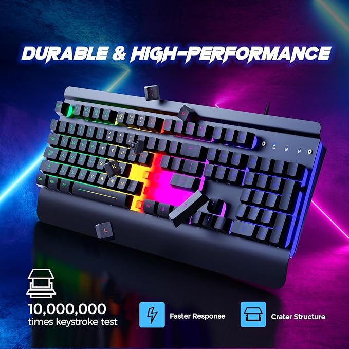 RisoPhy Gaming Keyboard, 104 Keys All-Metal Panel, Rainbow LED Backlit Silent - Image 4