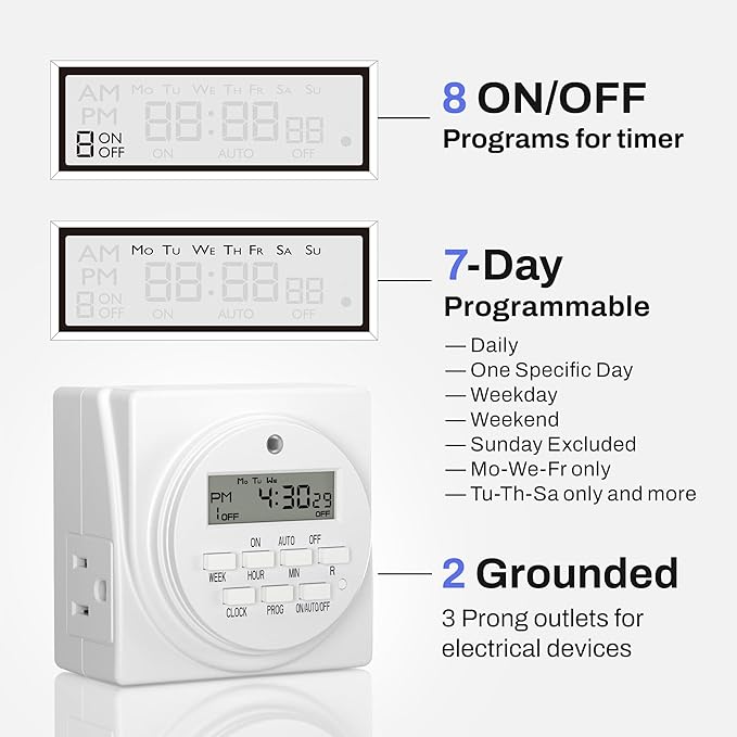 BN-LINK 7 Day Heavy Duty Digital Programmable Timer, Dual Outlet, - Image 3