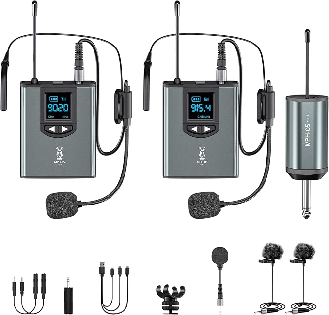 Wireless Microphone System Dual Transmitters Receiver Lavalier/Headset Mic Set - Image 8