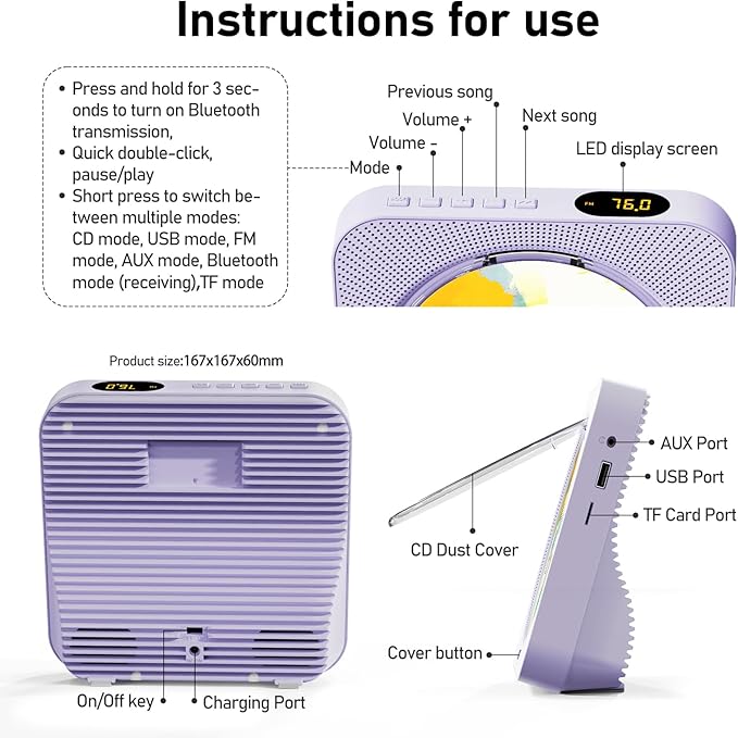 CD Player Portable Bluetooth 5.1 Desktop CD Player - Image 2
