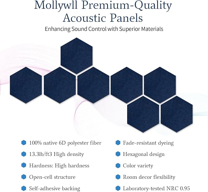 Mollywell Hexagon Acoustic Panels, High Density, Soundproofing, Decorative - Image 3