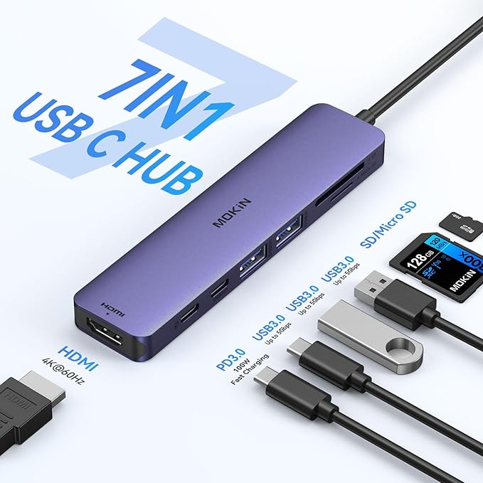 MOKiN 7 in 1 USB C Hub with HDMI, SD/TF Card Reader, USB 3.0, 100W PD Compatible - Image 2