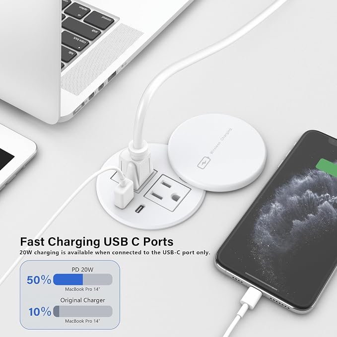 Recessed Power Grommet 3-inch Hole, 15W Wireless Charger, 20W USB C Fast - Image 4
