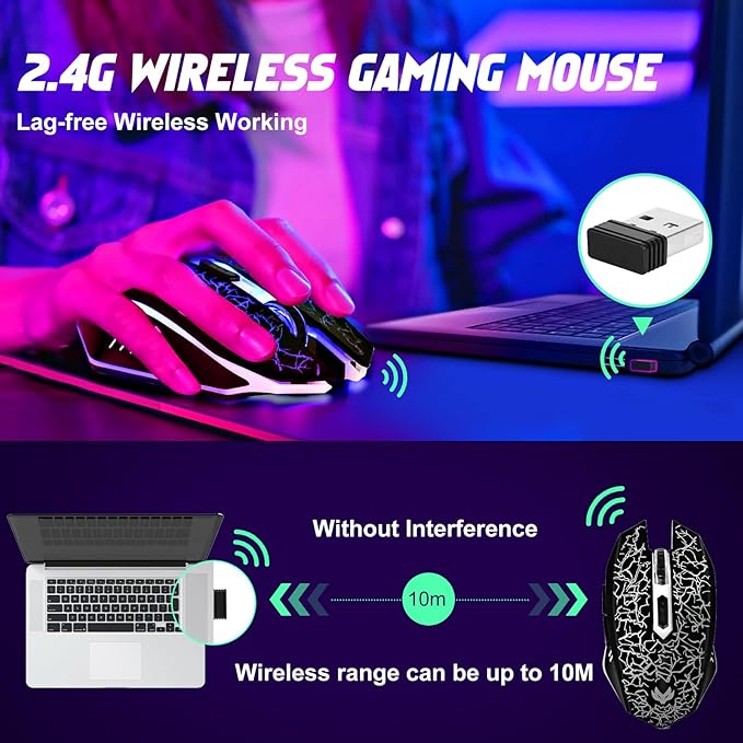 Wireless Gaming Mouse, Rechargeable Wireless Computer Mouse, 7-Color LED Light - Image 2