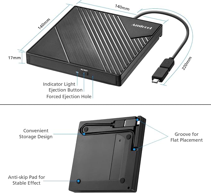 Amicool External DVD Drive USB 3.0 USB C CD Burner CD/DVD +/-RW Optical Drive - Image 5