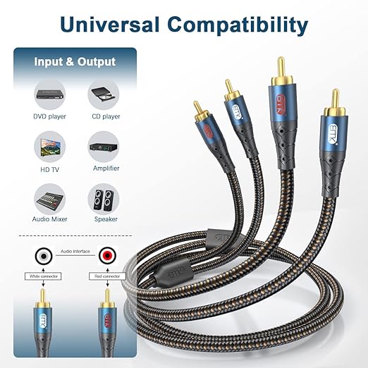 RCA Cable Subwoofer Cable 2RCA Male to 2RCA Male Stereo Audio Cable Y Splitter - Image 3