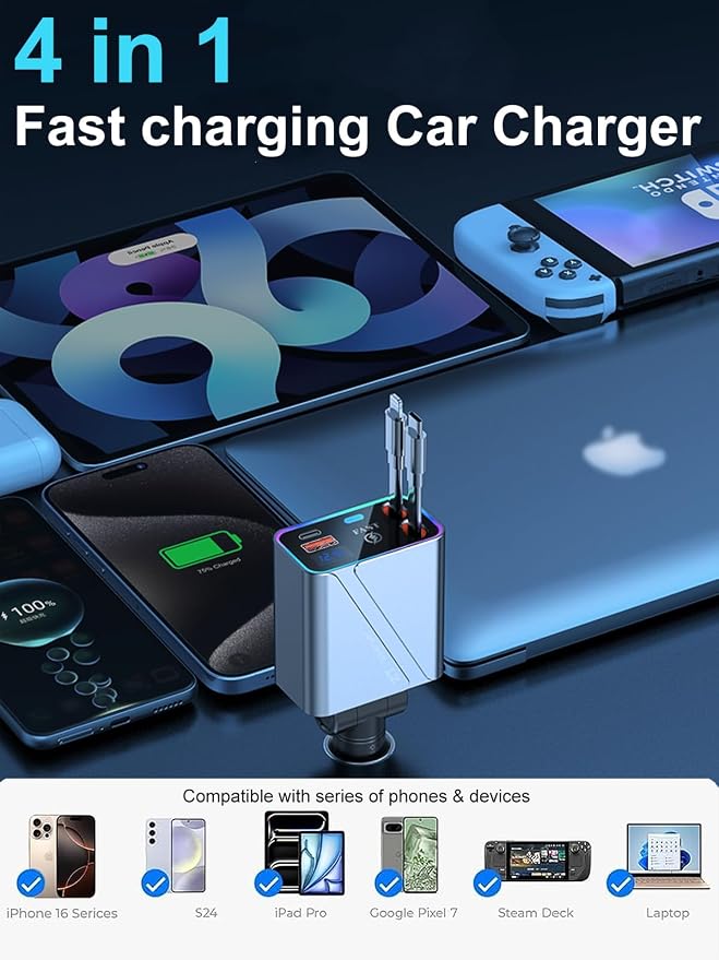 4 in 1 Retractable USB C Car Charger Adapter - 146W/65W Fast Charging - Image 8