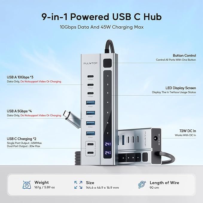 Powered USB C Hub, PULWTOP 9-in-1 USB-Hub suppprt 10Gbps & PD 45W Max Charging - Image 2