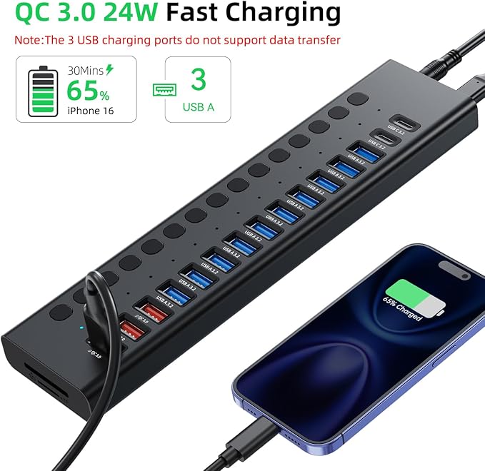 Powered USB Hub 10Gbps, 17 Ports 96W USB 3.2 Hub, 12V/8A Power Adapter - Image 4
