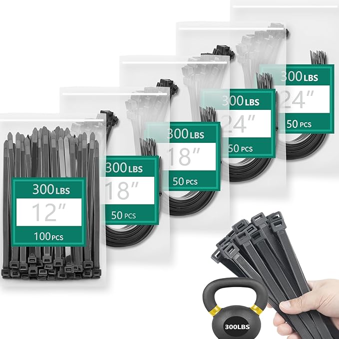 Zip Ties Assorted Sizes 300 Pack, 12+14+18 Inch, 300LBS Tensile Strength Heavy by MasiStranth