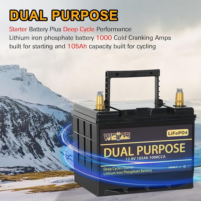 WEIZE 12V 105AH Dual Purpose LiFePO4 Lithium Battery, 1000CCA Group 31 Group 27 - Image 2