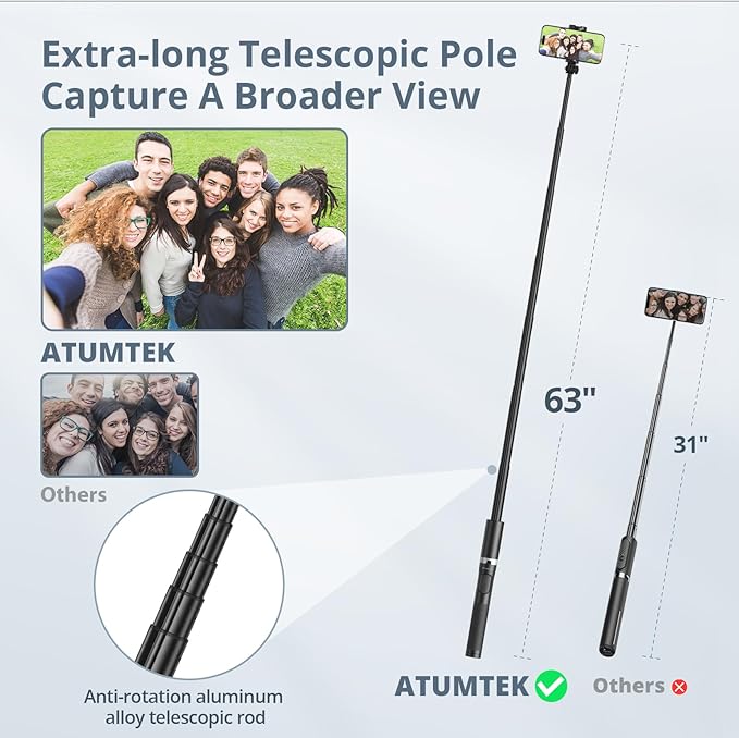 ATUMTEK 63"" Phone Tripod, Extendable Selfie Stick Tripod - Image 2