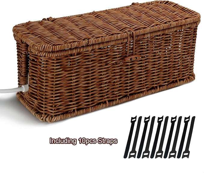 Cable Management Box, Desk Handwoven Rattan Cord Hider Organizer Box - Image 8