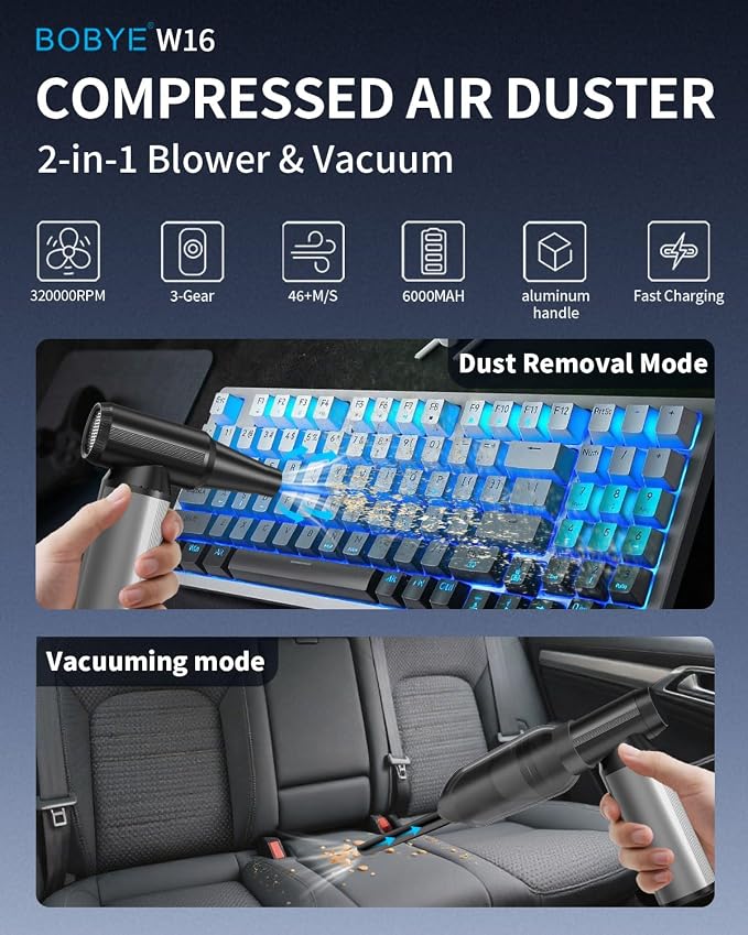 BOBYE Electric Compressed Air Duster & Keyboard Cleaner, 2-in-1 Blower & Vacuum - Image 3