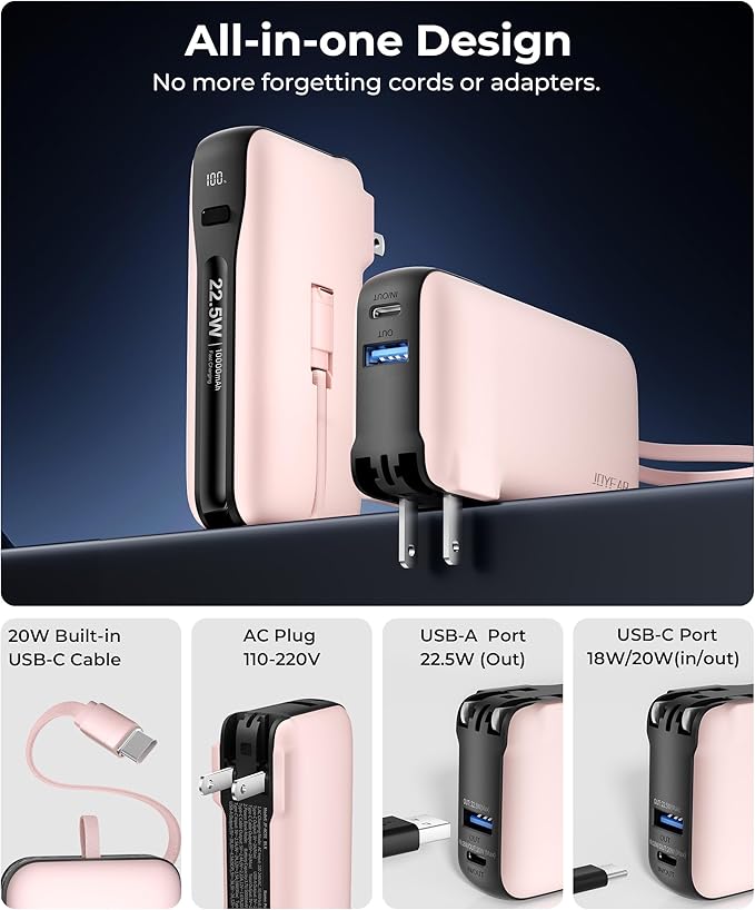 1 Pack Portable Charger with Built-in USB-C Cable & Plug, 000mAh 5V/4.5A Power - Image 2