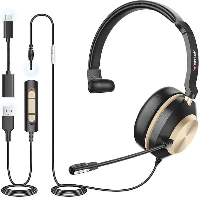 Wantek USB Headset with Microphone, Type-c/USB/3.5mm Jack 3-in-1 PC Headsets by Wantek