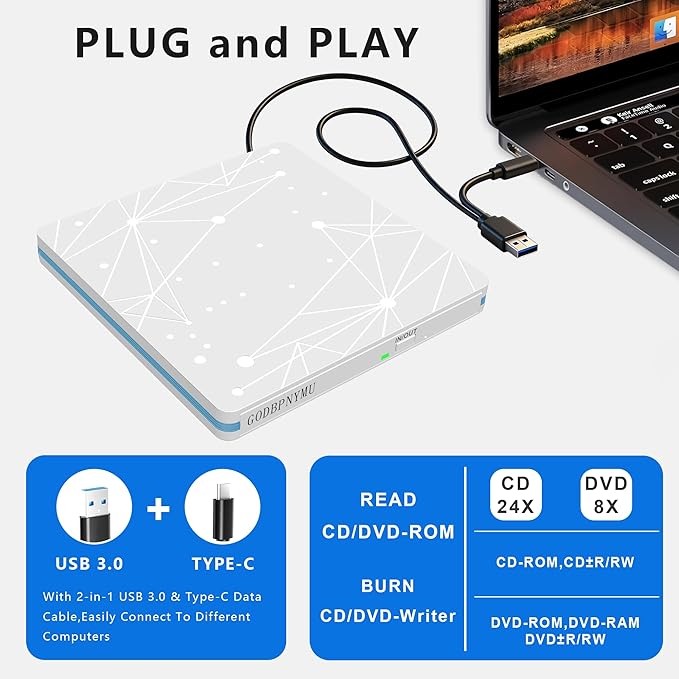 External CD/DVD Drive for Laptop, USB CD Drive, USB C Plug and Play Optical - Image 5