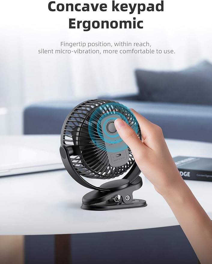 USB Portable Clip on Fan, 2400mAh Battery Type-C 6in, 3 Speed 720° Tilting Head - Image 7