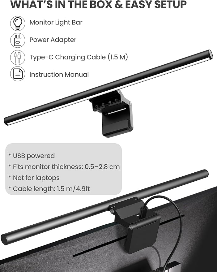 Monitor Light Bar 19.7", No-Glare Asymmetric Screen Lamp, Auto-Dimming USB - Image 9