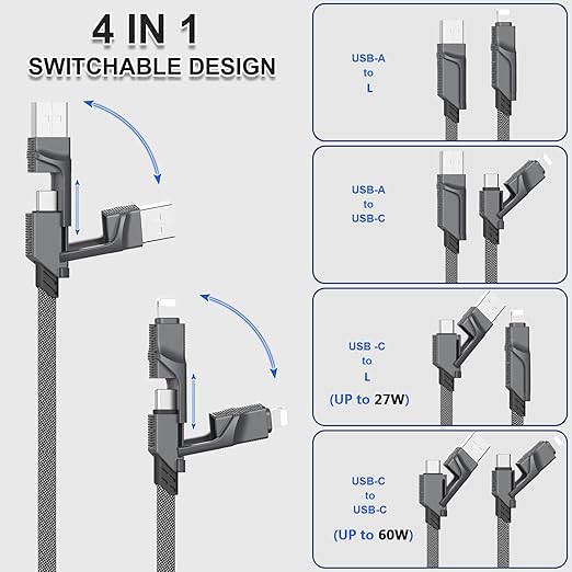 2Pack 4 in 1 USB C Cable for Lightning Cable, 3FT Flat Braided USB C to USB C - Image 3