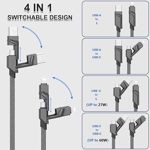 2Pack 6FT 4 in 1 USB C Cable for Lightning, 60W Fast Charging, Flat Braided - Image 3