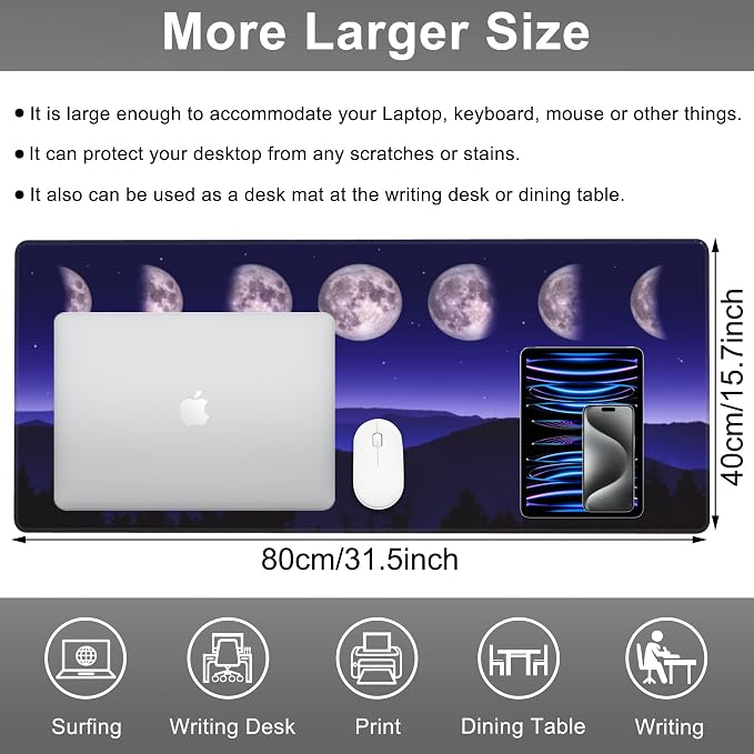 Mouse Pad, Large Moon Phases and Mountain Forest Desk Mat, Extended Non-Slip - Image 2