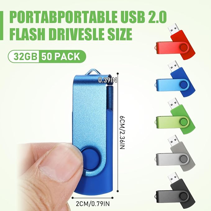 50 Pack 32GB USB 2.0 Flash Drives Bulk Portable USB Thumb Drives Swivel - Image 2