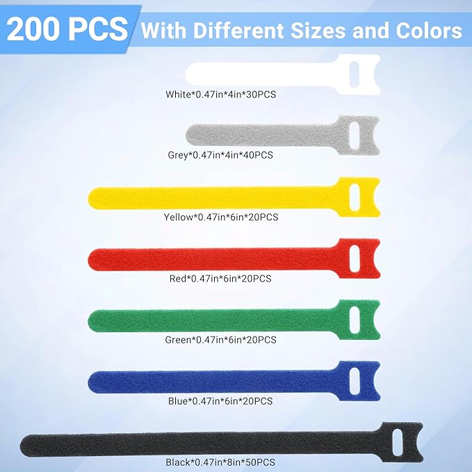 200 PCS Cable Ties Reusable 4+6+8inch Multi-Colour Cord Organizer - Image 2