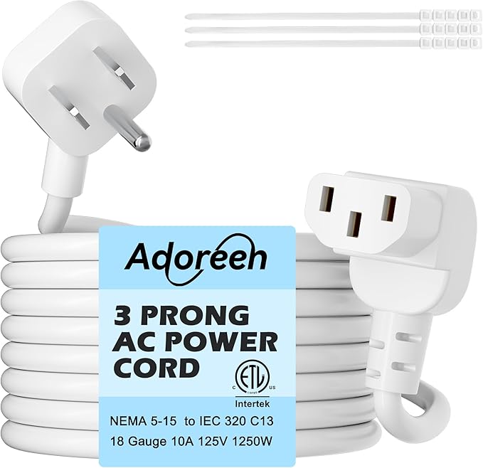 Adoreen 4 Ft Computer TV Replacement Power Cord White, Low Profile Flat Plug to by Adoreen