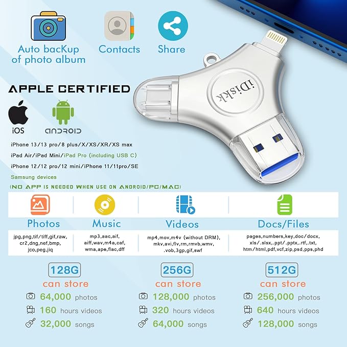 App-le Certified iDiskk 128GB Phone flashdrive iPhone 15 16 Photo Stick USB C - Image 2