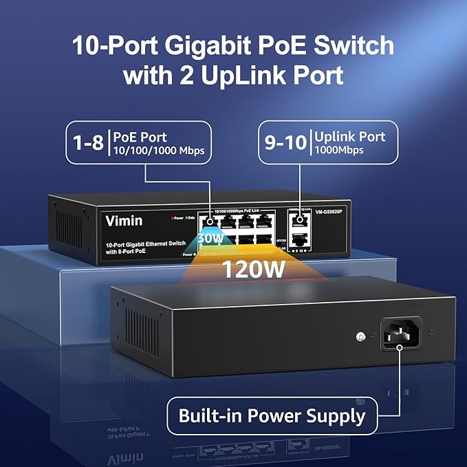 8 Port Gigabit PoE Switch with 2 Uplink Gigabit Ports, VIMIN 10 Port Unmanaged - Image 2