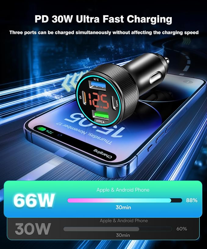 66W USB C Car Charger 4 Port Car Charger Adapter - Image 5