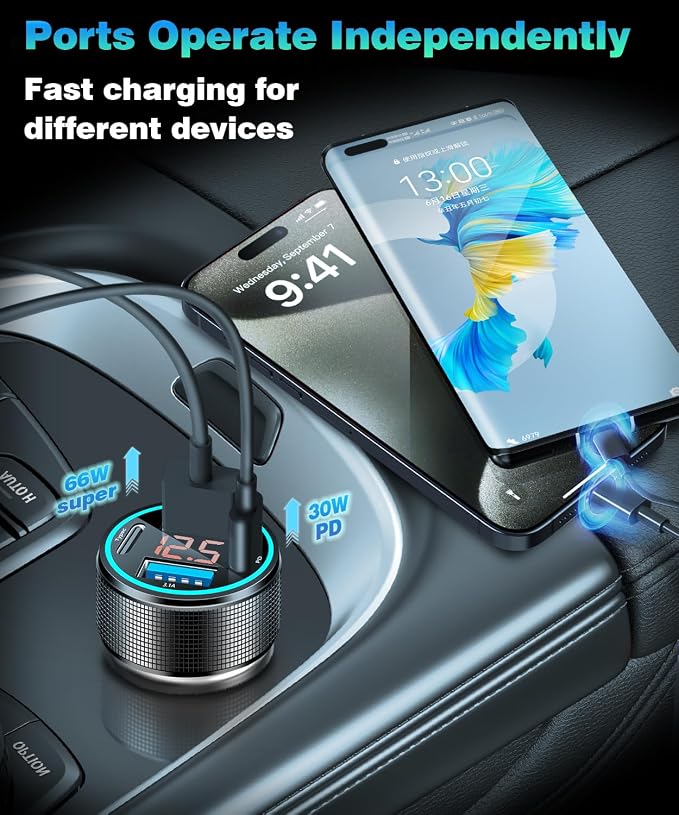 66W USB C Car Charger 4 Port Car Charger Adapter - Image 3