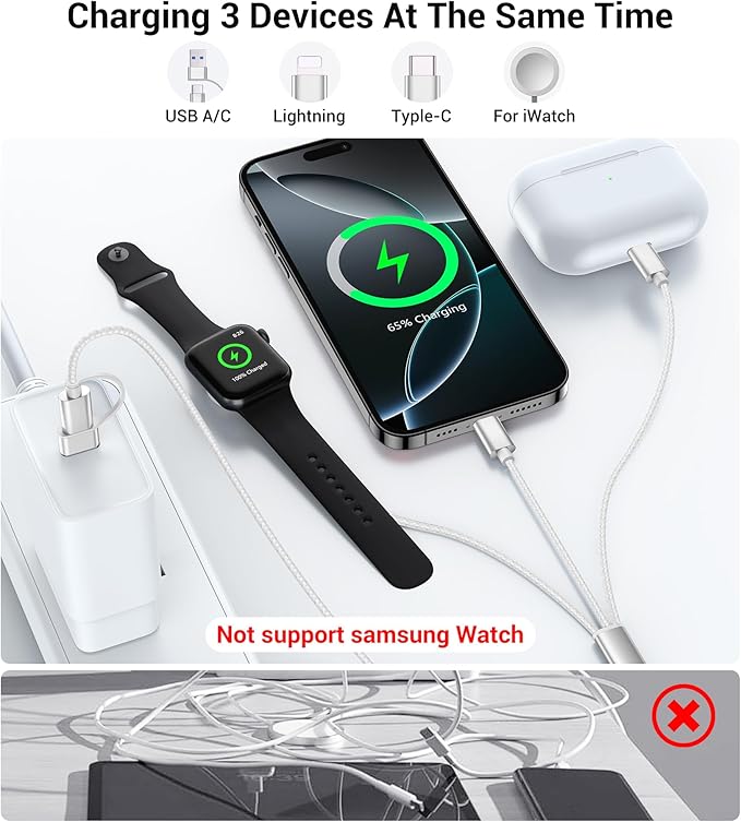 Temdan for Travel Vacation Essentials, 3 in 2 USB C Cable for Apple Watch - Image 3