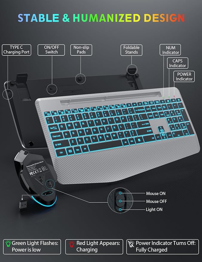 Wireless Keyboard and Mouse Backlits, Wrist Rest, LED Mouse, Rechargeable - Image 8
