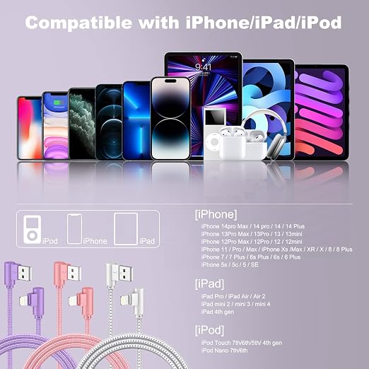 iPhone Charger 3 Pack 10FT USB A to Lightning Cables 90 Degree Charge Cable MFi - Image 7