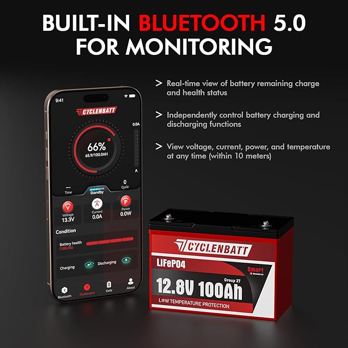 12V 100Ah Bluetooth LiFePO4 Battery, Low-Temp Protection 12V Lithium Battery - Image 3