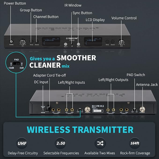 Phenyx Pro in Ear Monitor for Musicians, UHF Wireless in-Ear Monitors System - Image 2