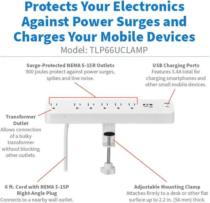 Eaton Tripp Lite Series Desk Clamp Power Strip Surge Protector, USB-A & USB-C - Image 2