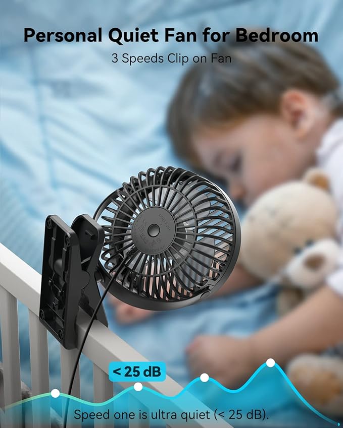 GEHEN Clip-On Fan with Sturdy Clamp, USB-Powered Fan 3-Speed, Ultra-Quiet - Image 7
