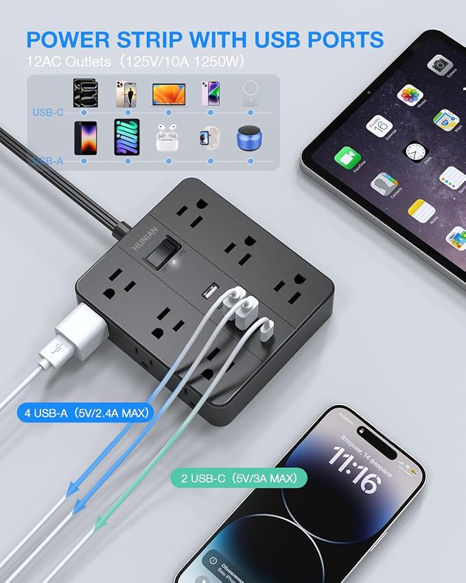 Power Strip Surge Protector, Flat Extension Cord Indoor 20 Feet, HUNIAN 12 - Image 4