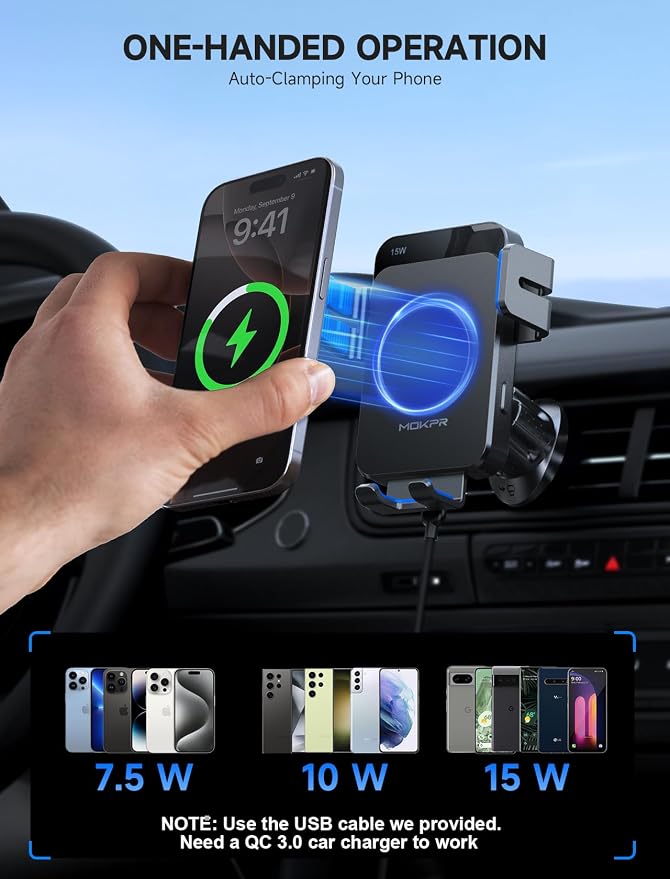 MOKPR Wireless Car Charger, 15W Auto Clamping Car Charger Dash Windshield Air - Image 7