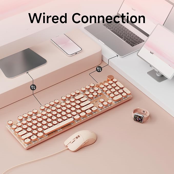 EWEADN Wired Typewriter Keyboard and Mouse Combo, Typewriter Style Mechanical - Image 4