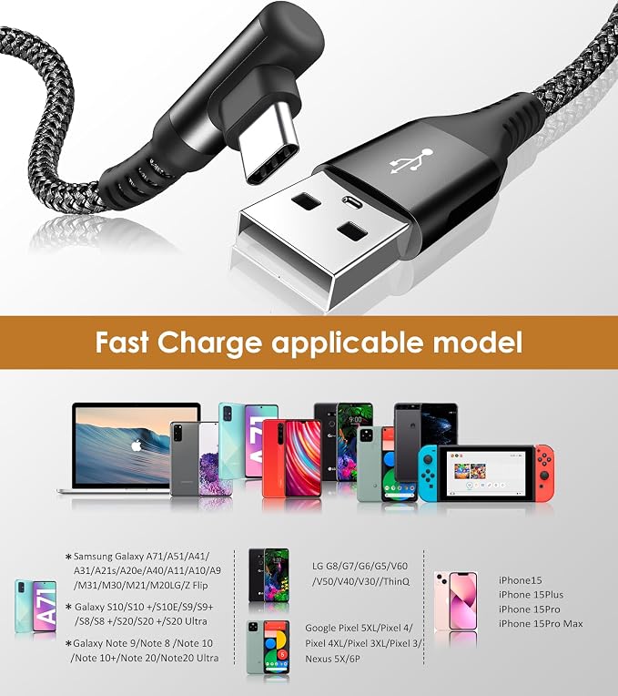 sweguard USB Type C Charger Cable Right Angle iPhone 16 Charger Nylon Braided - Image 4