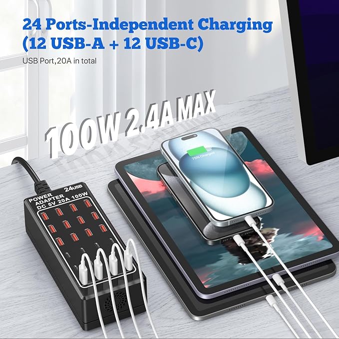 USB Charging Station Block, USB C Charger Station 24-Port 100W, USB A Charger - Image 4