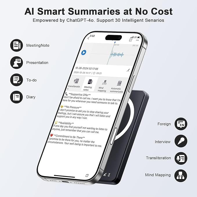 TTQ AI Voice Recorder, Digital Voice Recorder App Control, Transcribe & - Image 3